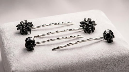 2 x Pairs of Handmade Gothic Hair Slides Black Skulls and Spiders. Goth Accessories