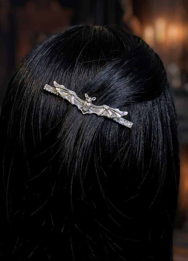 Handmade Bat Hair Slide in Silver Tone Metal and Iridescent Diamantes. Cute Gothic Hair Accessory