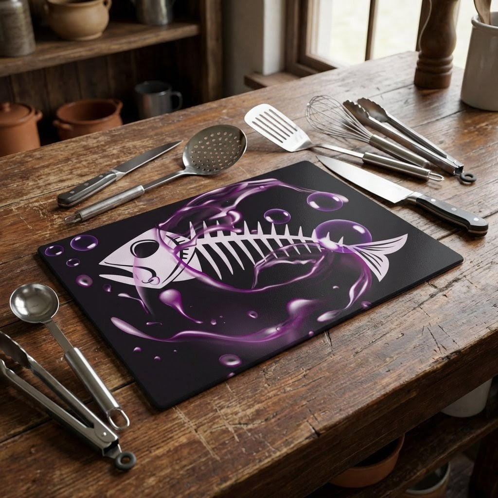 Tempered Glass Chopping Board Purple Fish Skeleton
