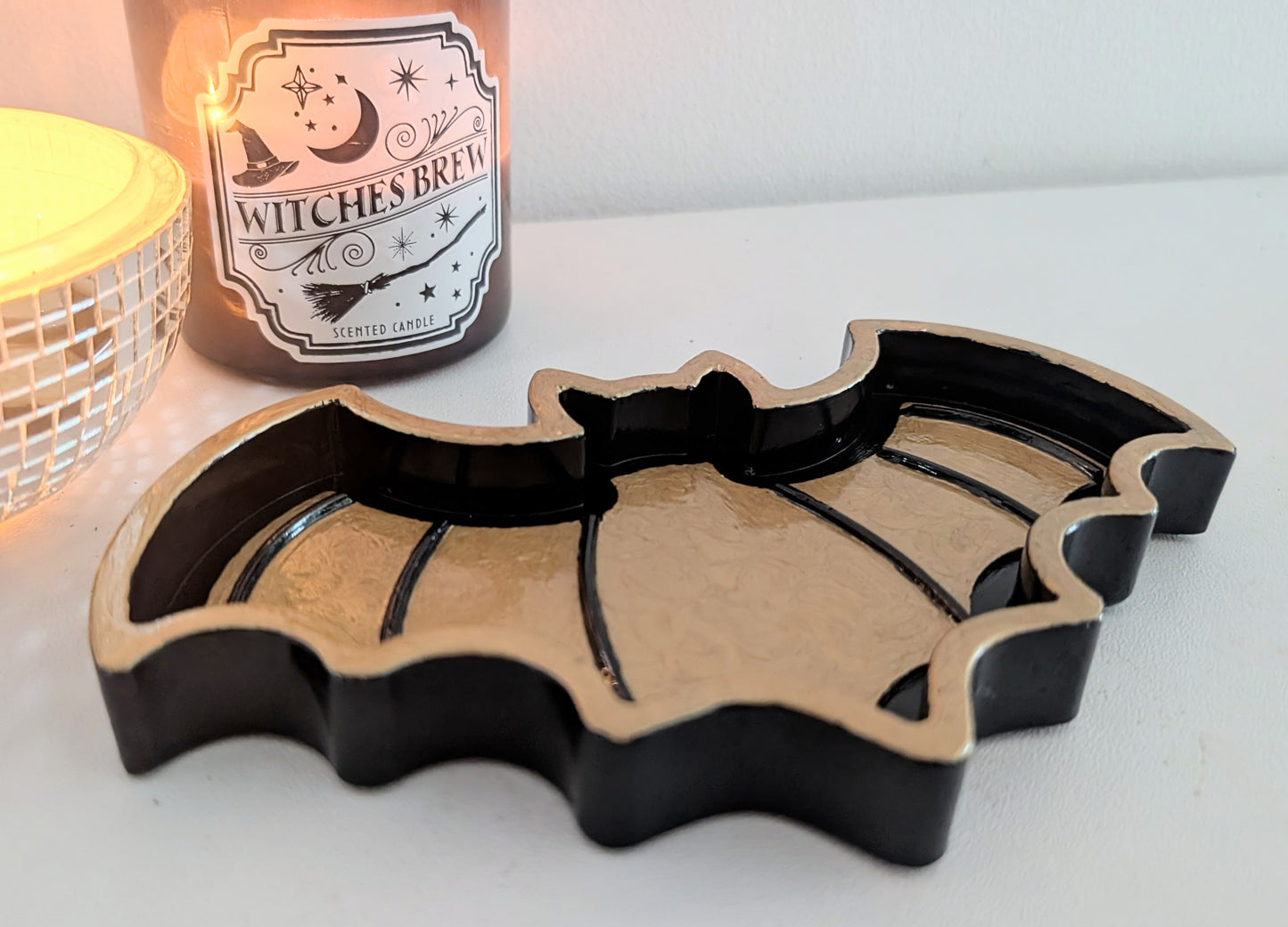 Hand Cast Gold and Dark Blue Bat Jewellery Holder Trinket. Gothic Home Decor