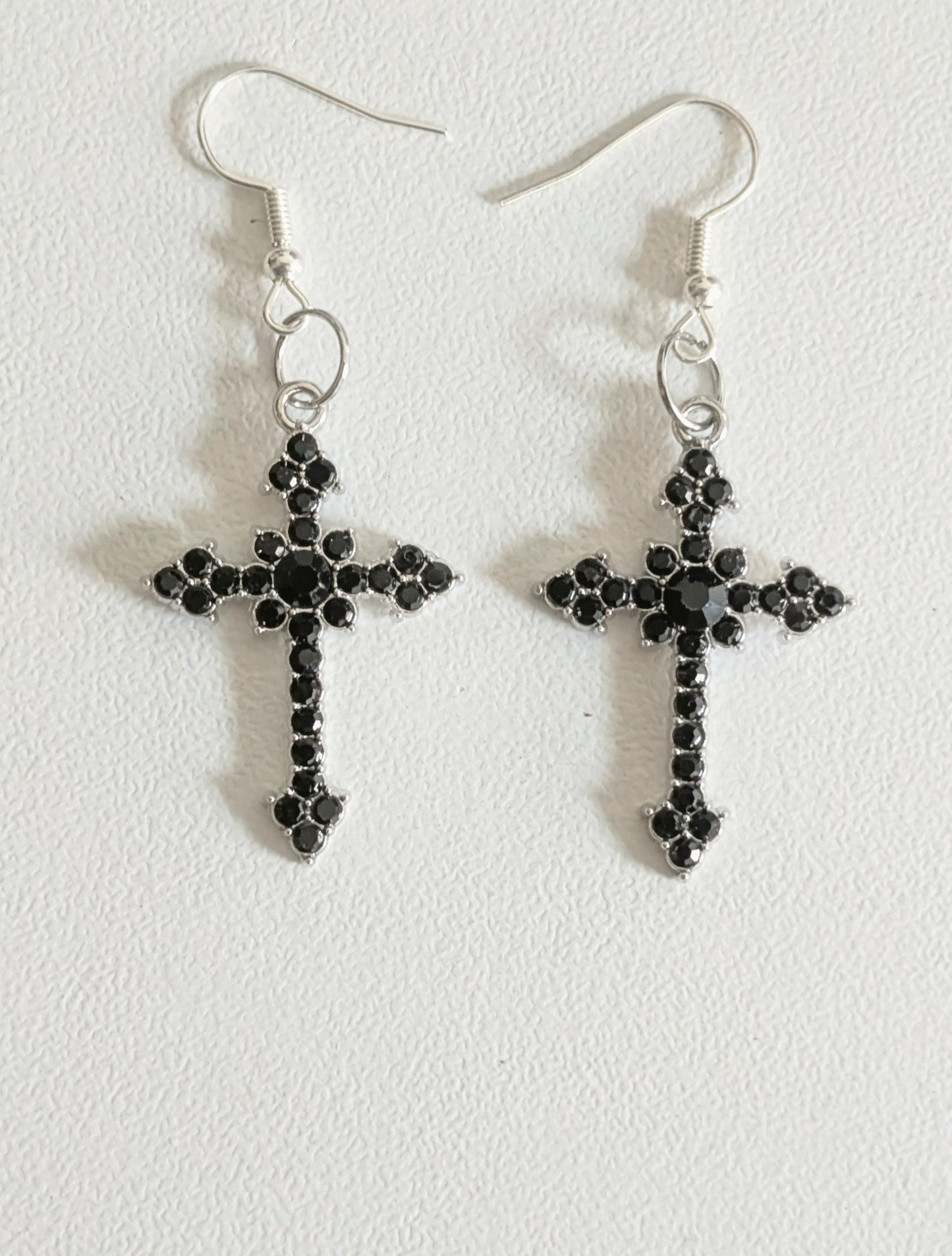 Handmade Black Diamante Cross Crucifix Dangle Drop Earrings. Goth Y2K Gift