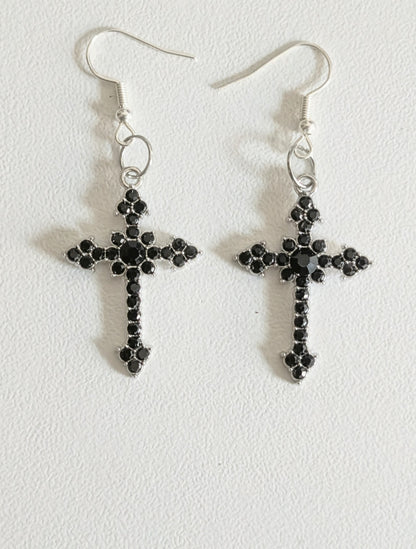 Handmade Black Diamante Cross Crucifix Dangle Drop Earrings. Goth Y2K Gift