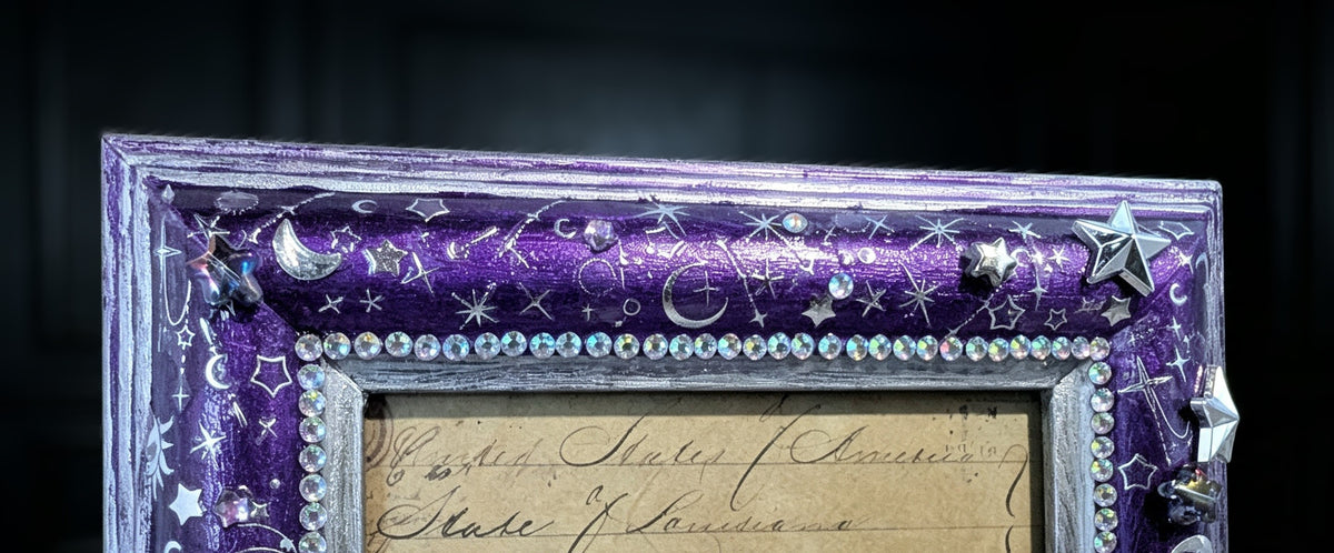 4 x 6" Picture Frame Portrait Freestanding. Metallic Purple and Silver Celestial with Diamante Design.
