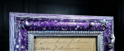 4 x 6" Picture Frame Portrait Freestanding. Metallic Purple and Silver Celestial with Diamante Design.