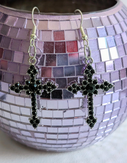 Handmade Black Diamante Cross Crucifix Dangle Drop Earrings. Goth Y2K Gift