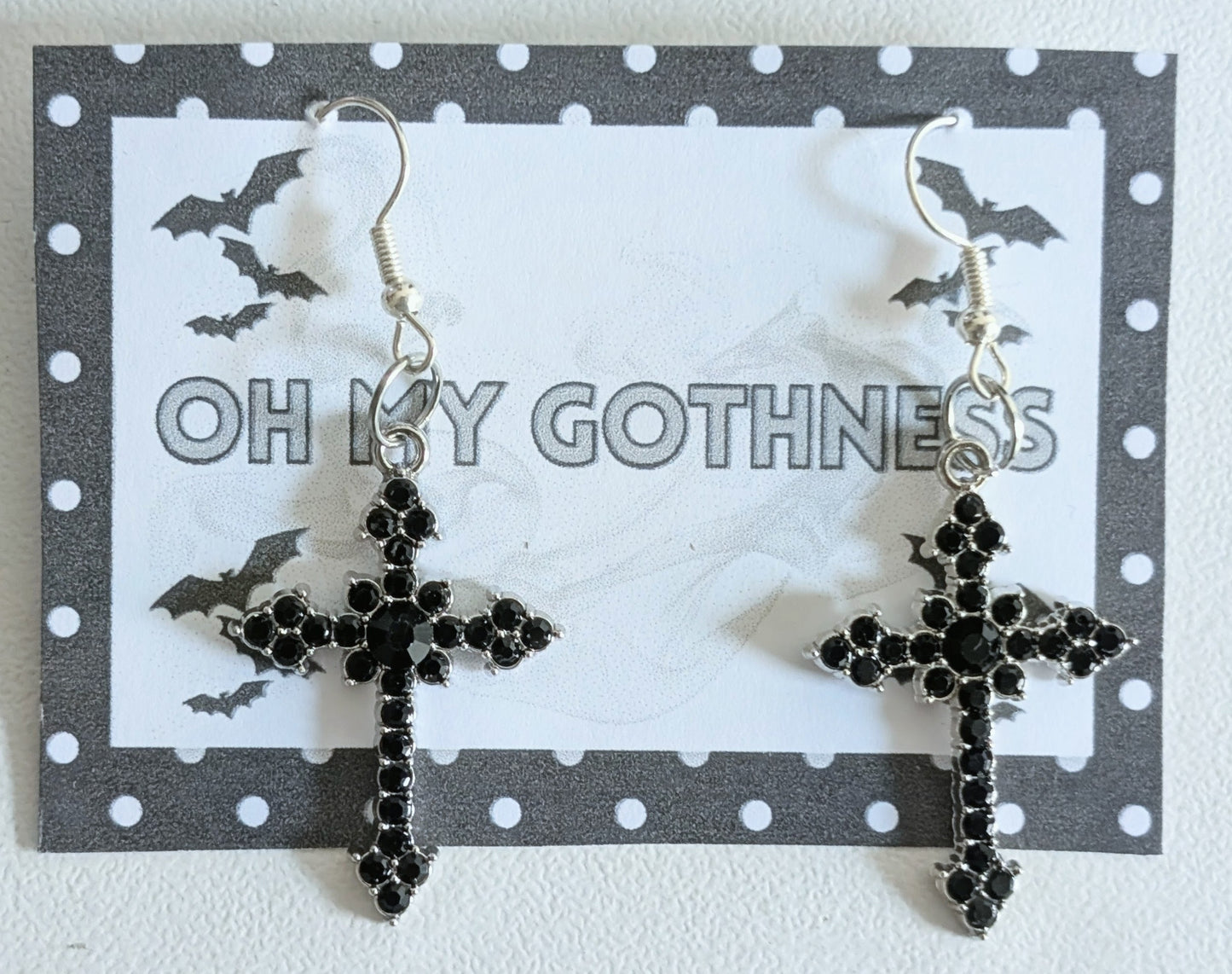 Handmade Black Diamante Cross Crucifix Dangle Drop Earrings. Goth Y2K Gift