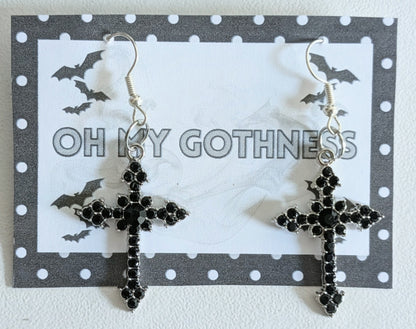 Handmade Black Diamante Cross Crucifix Dangle Drop Earrings. Goth Y2K Gift