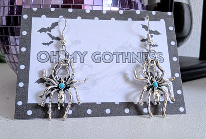 Handmade Silver-tone Metal and Turquoise Spider Dangle Drop Earrings. Spooky Gothic Gift