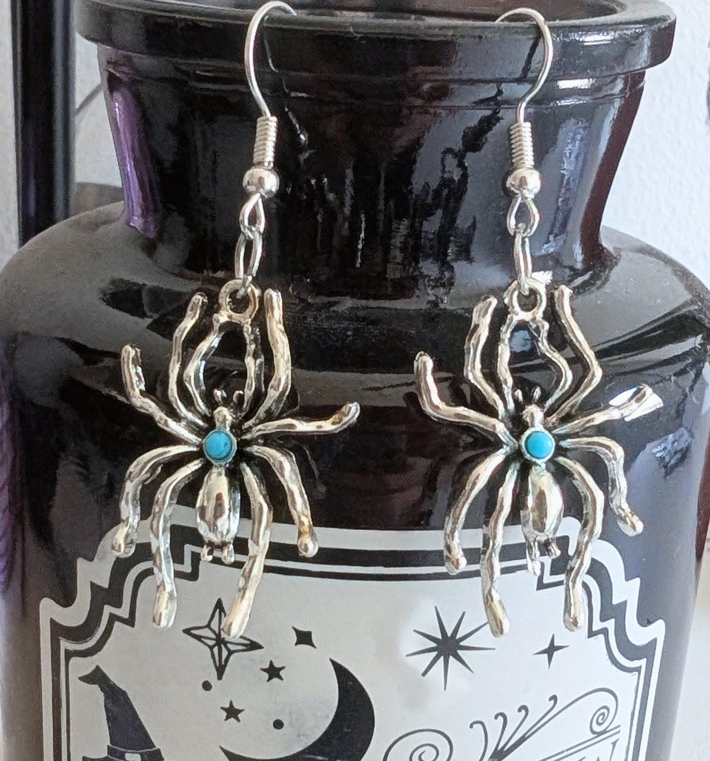 Handmade Silver-tone Metal and Turquoise Spider Dangle Drop Earrings. Spooky Gothic Gift