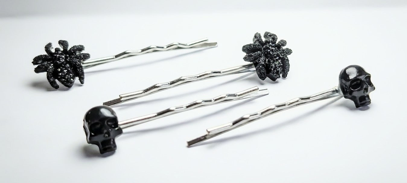 2 x Pairs of Handmade Gothic Hair Slides Black Skulls and Spiders. Goth Accessories