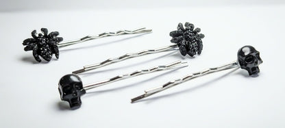 2 x Pairs of Handmade Gothic Hair Slides Black Skulls and Spiders. Goth Accessories