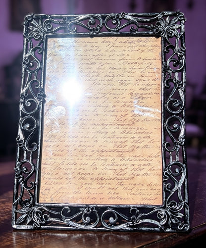 5 x 7" Free-Standing Metal Picture Frame. Hand Painted Black Distressed Style with Ornate Snake detailing..