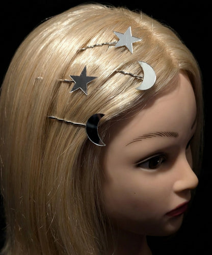 2 Pairs of Handmade Acrylic Mirror Moon and Stars Hair Slides. Gothic Accessories Gift