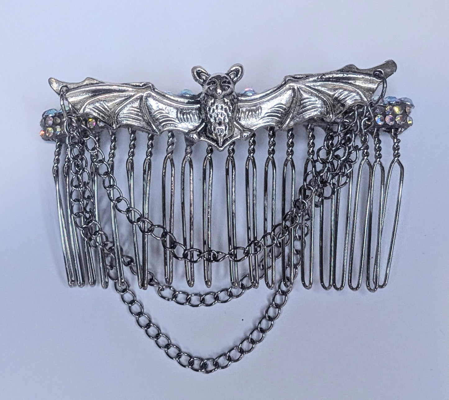 Handmade Silver Metal-Tone Gothic Bat, Chains, and Diamante Decorative Hair Comb. Prom Wedding Gothic Accessory