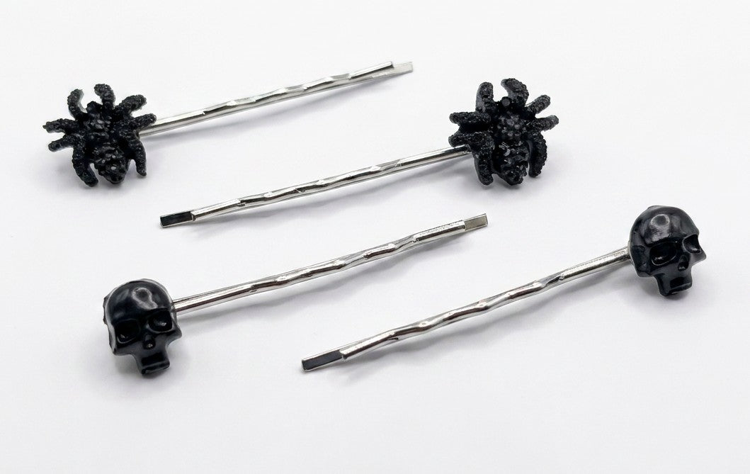 2 x Pairs of Handmade Gothic Hair Slides Black Skulls and Spiders. Goth Accessories