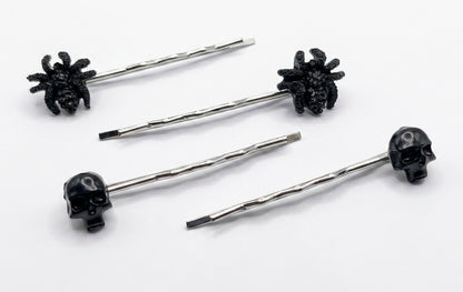 2 x Pairs of Handmade Gothic Hair Slides Black Skulls and Spiders. Goth Accessories