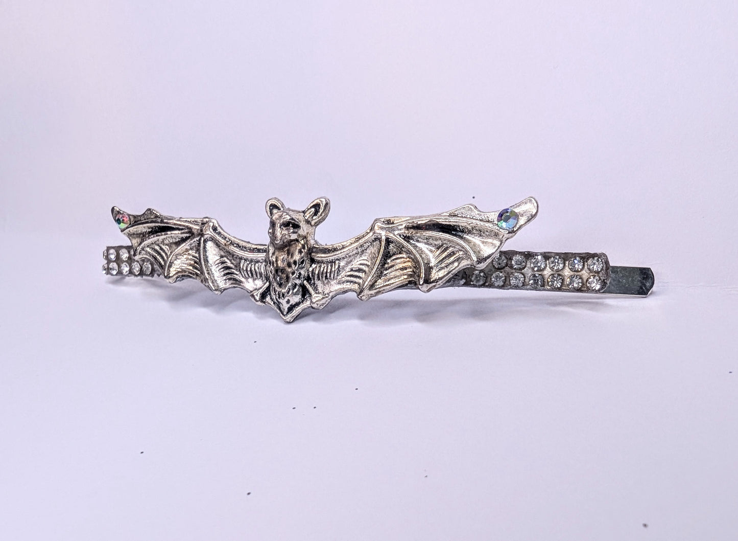 Handmade Bat Hair Slide in Silver Tone Metal and Iridescent Diamantes. Cute Gothic Hair Accessory
