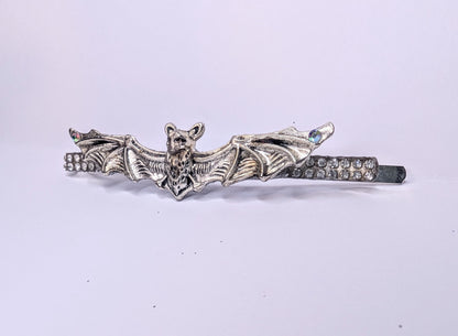 Handmade Bat Hair Slide in Silver Tone Metal and Iridescent Diamantes. Cute Gothic Hair Accessory