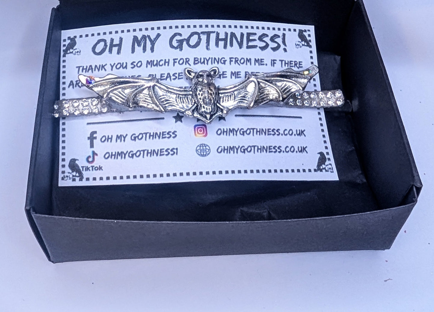 Handmade Bat Hair Slide in Silver Tone Metal and Iridescent Diamantes. Cute Gothic Hair Accessory