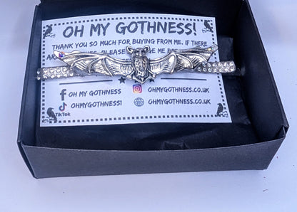Handmade Bat Hair Slide in Silver Tone Metal and Iridescent Diamantes. Cute Gothic Hair Accessory