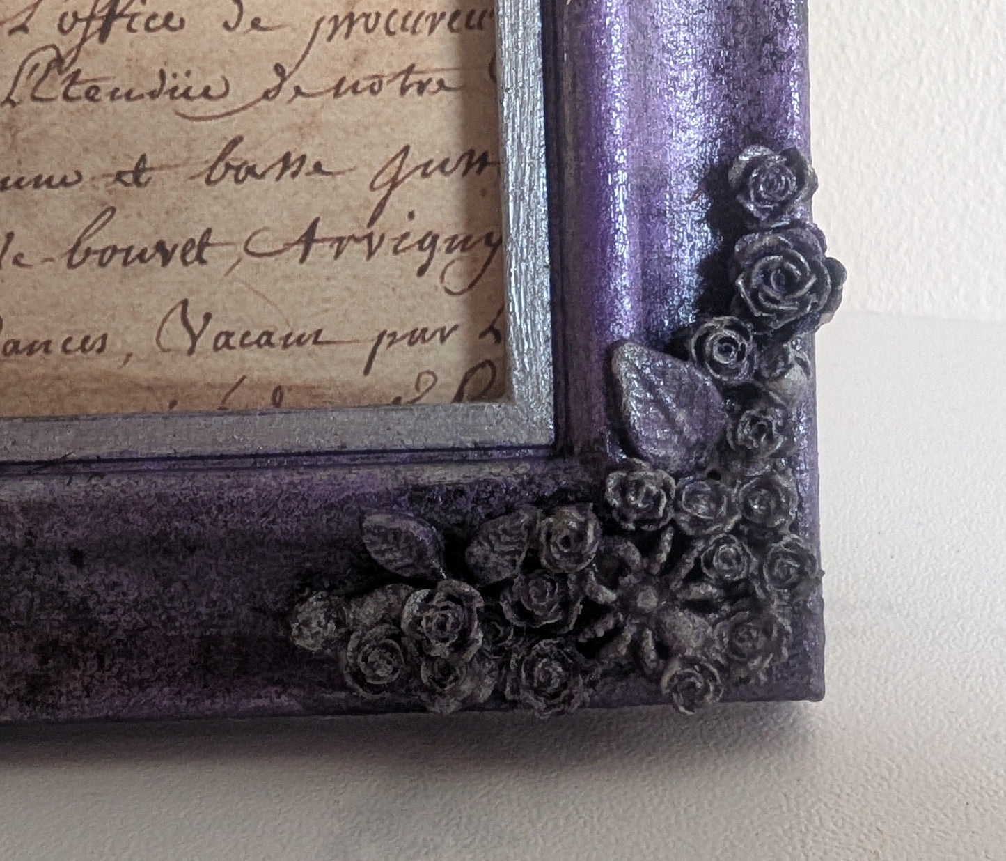 6 x 4" Picture Frame. Metallic Purple and Silver, with Roses, Spiders, Ribcage, and Foliage.