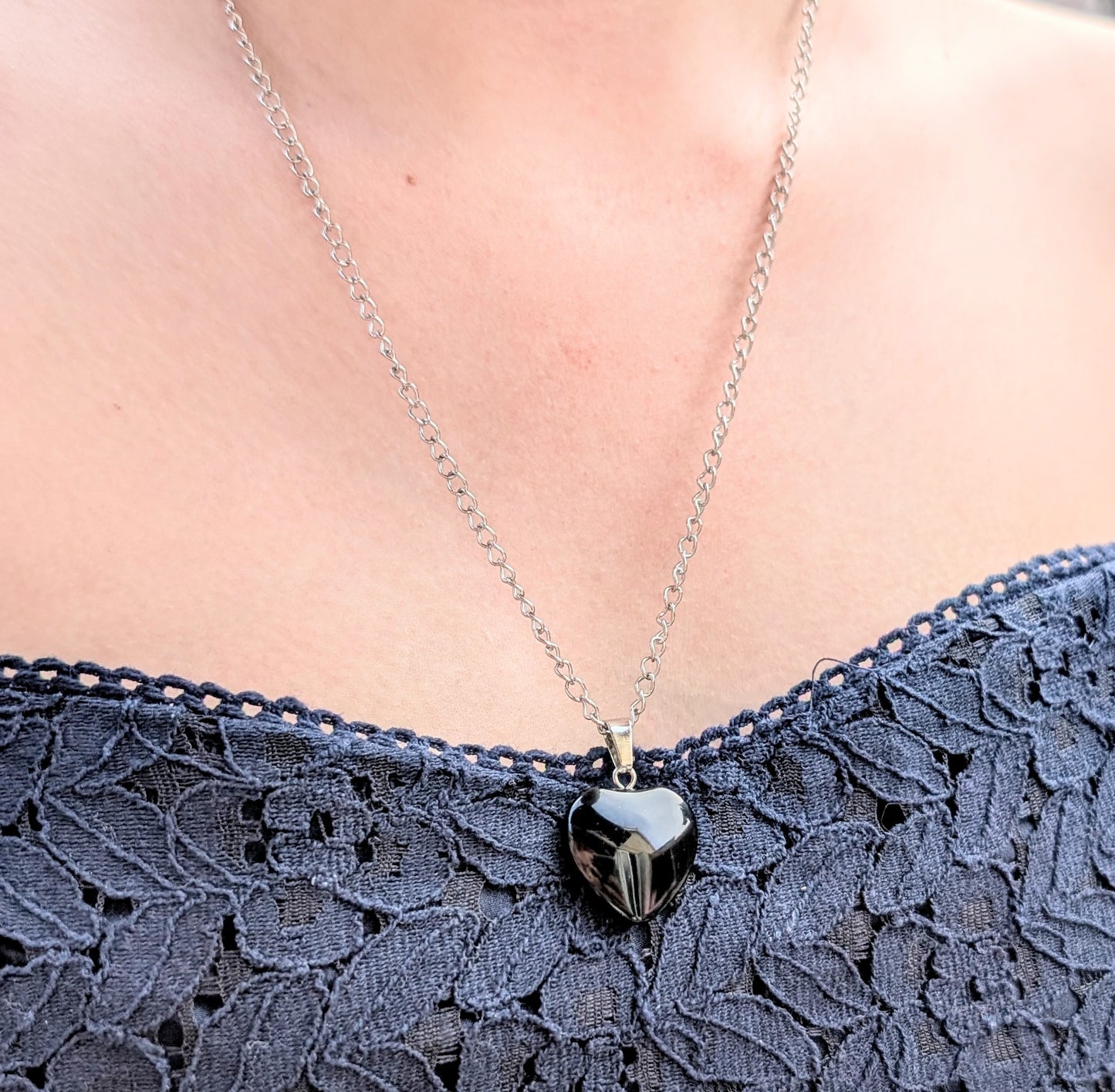 Handmade Black Heart Obsidian Pendant Necklace and Drop Earrings—Boxed Goth Gift Set.