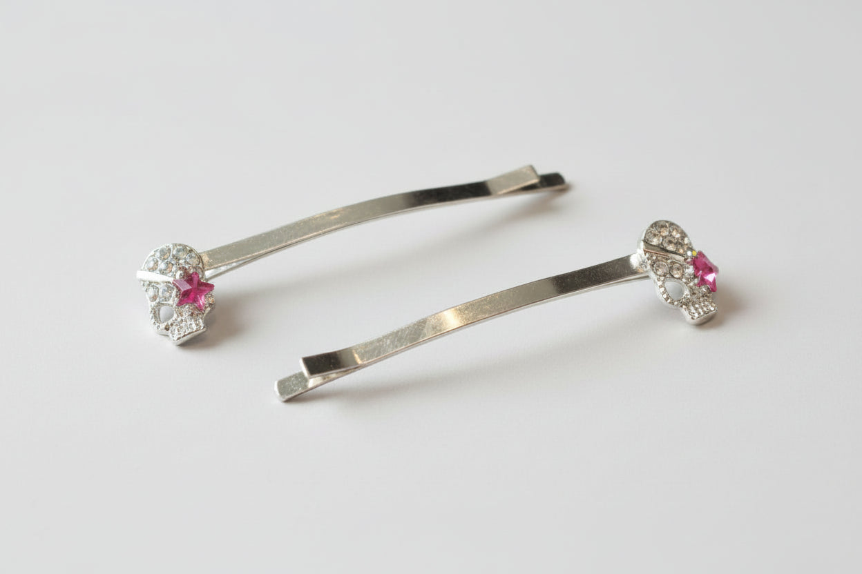 Handmade diamante skull hair slide clips. Cute goth accessory