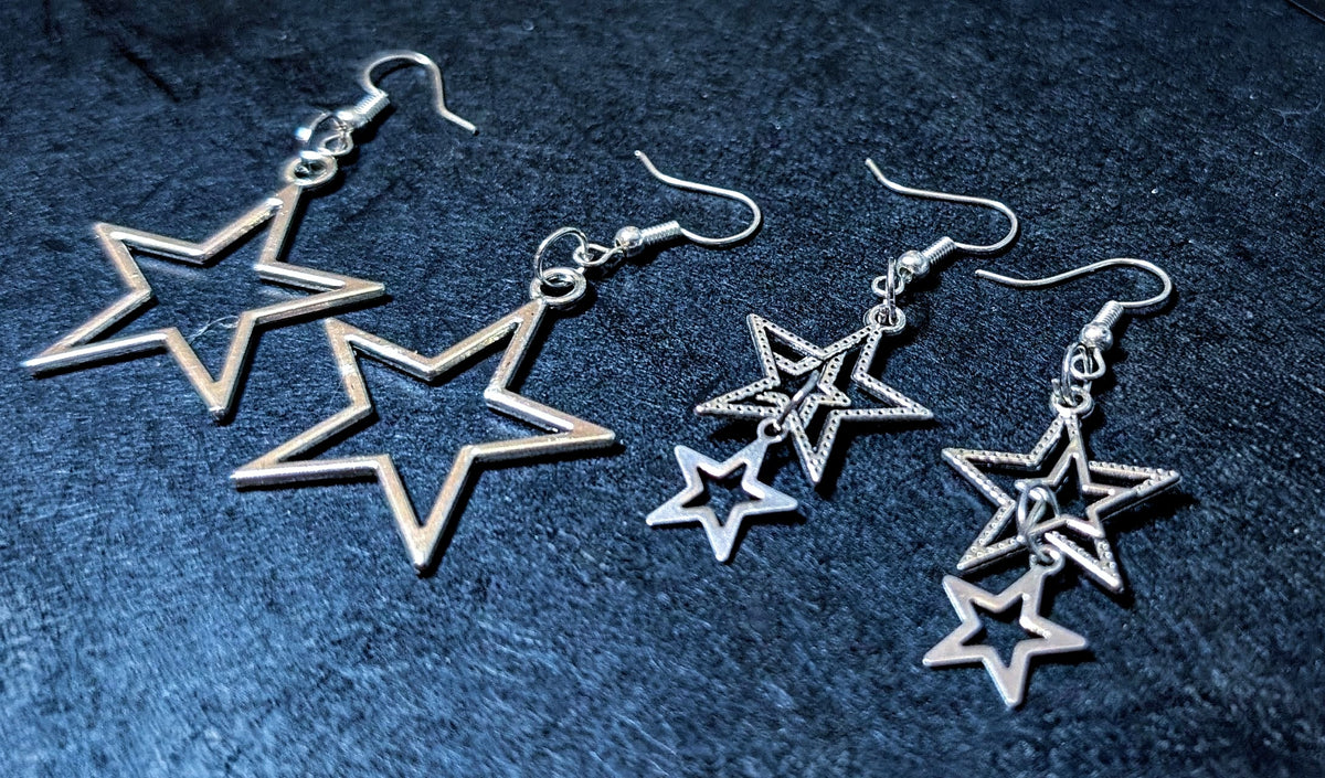 2 Pairs of Handmade Gothic Star Dangle Drop Earrings.