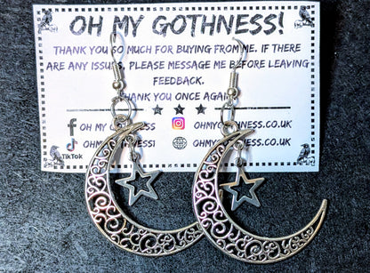 Gothic Hand Made Decorative Moon & Star Dangle Drop Earrings.