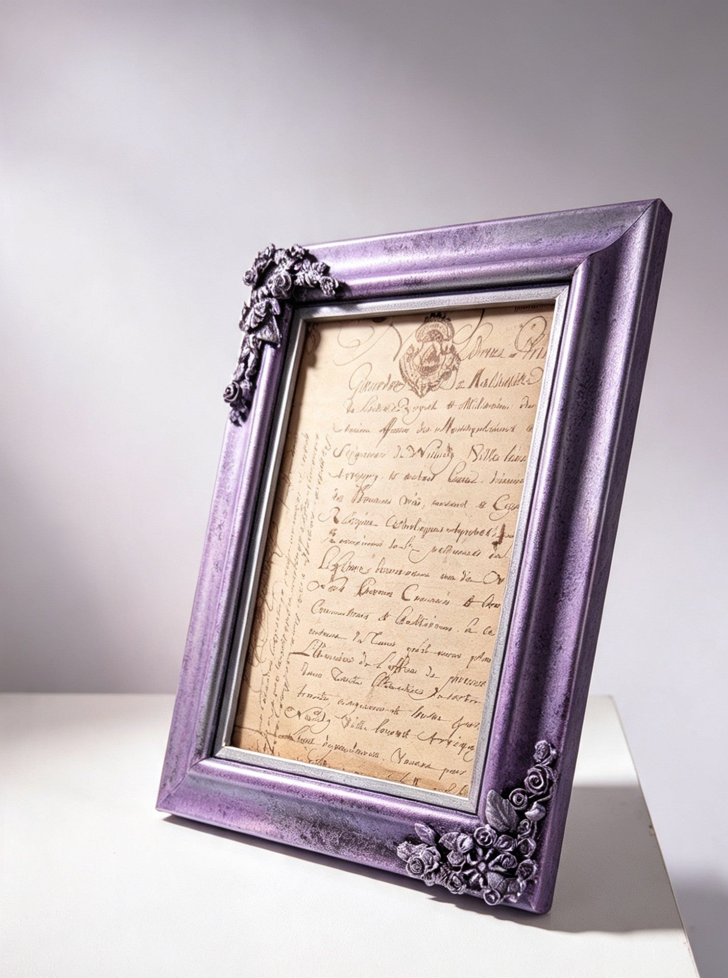 6 x 4" Picture Frame. Metallic Purple and Silver, with Roses, Spiders, Ribcage, and Foliage.