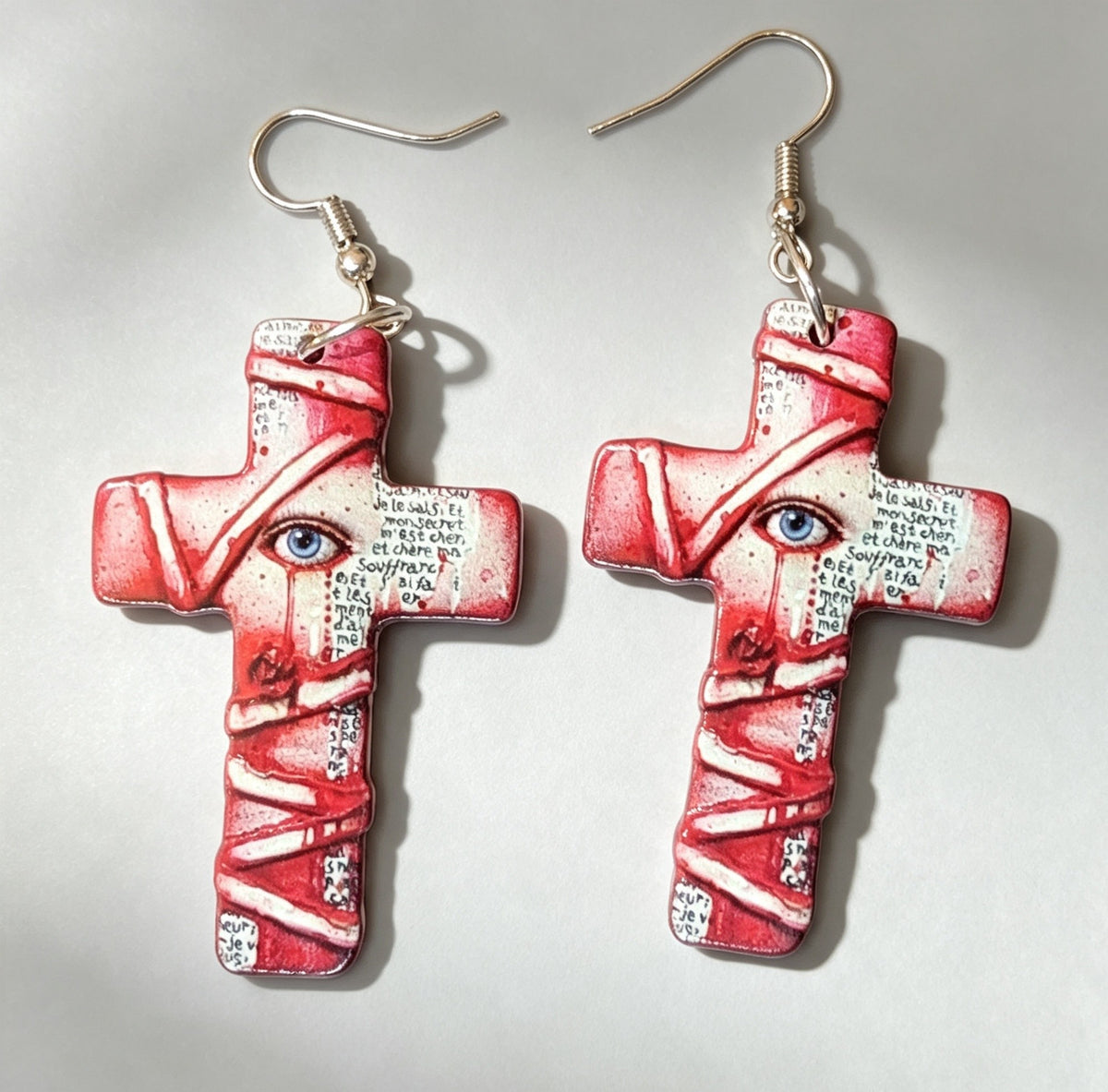 Creepy Hand Made Acrylic Cross Earrings Zombie, Cyclops, Mummy Horror Design