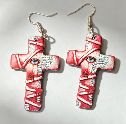 Creepy Hand Made Acrylic Cross Earrings Zombie, Cyclops, Mummy Horror Design