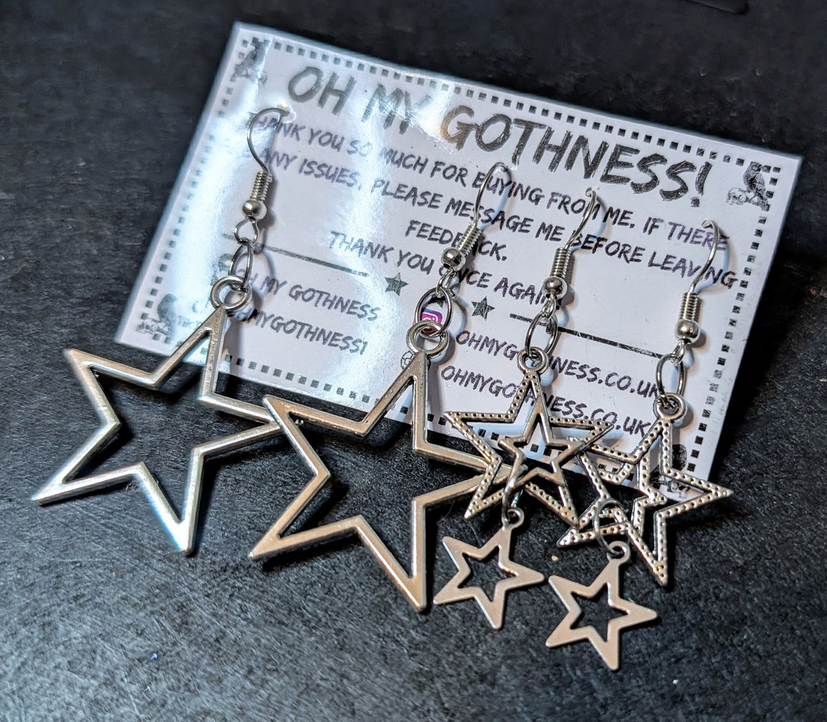 2 Pairs of Handmade Gothic Star Dangle Drop Earrings.