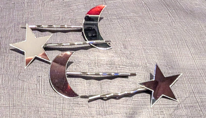 2 Pairs of Handmade Acrylic Mirror Moon and Stars Hair Slides. Gothic Accessories Gift