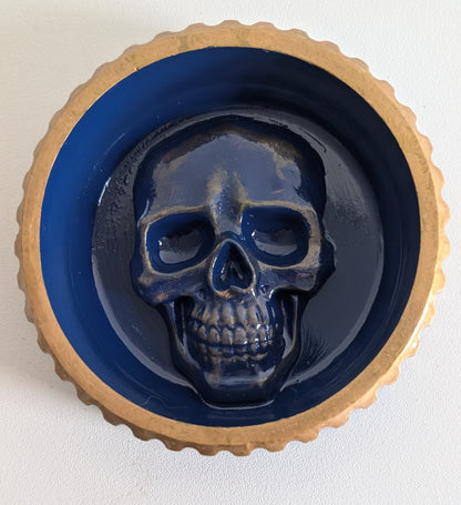 Hand Cast Chunky Blue & Antique Gold Skull Trinket Jewellery Dish Gothic Keepsake