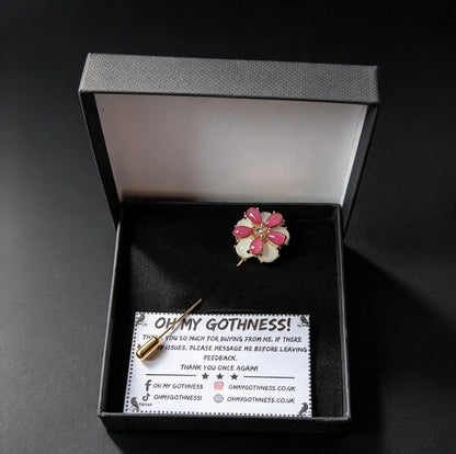 Pink and white Diamante Flower Lapel Pin Set in Gold Tone Metal - Vintage Style Accessory