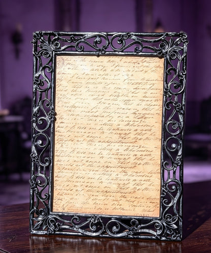 5 x 7" Free-Standing Metal Picture Frame. Hand Painted Black Distressed Style with Ornate Snake detailing..