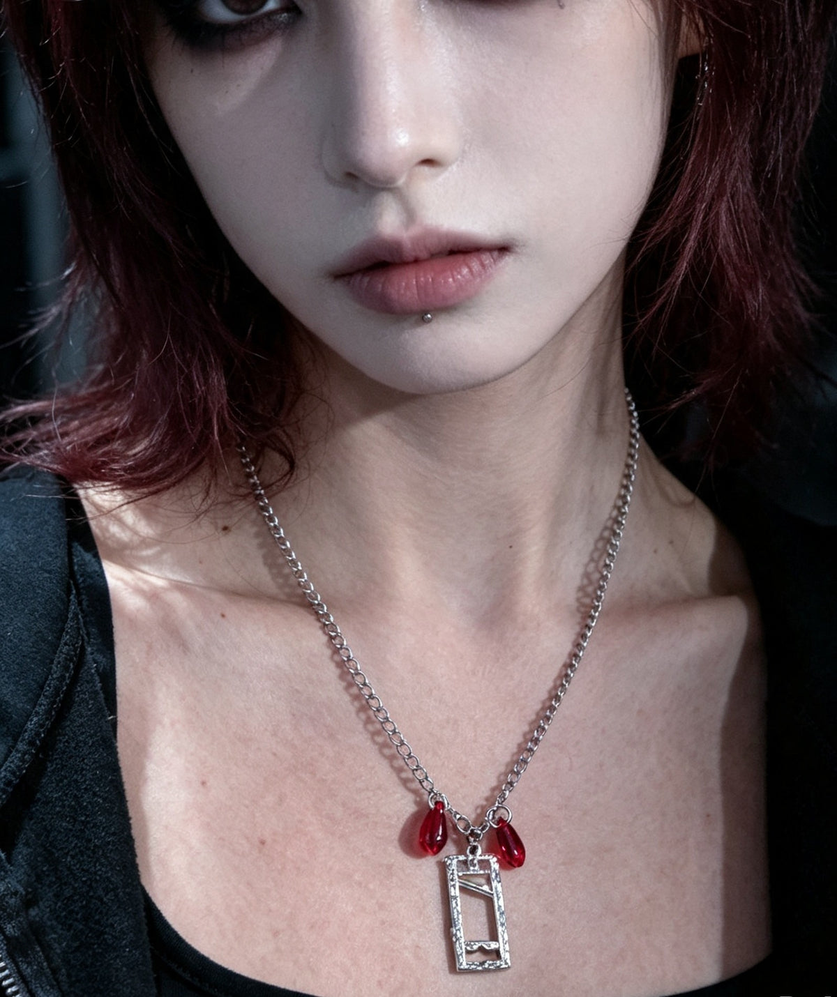 Handmade Guillotine Pendant and red drop Beads Necklace. Goth Teen Gift