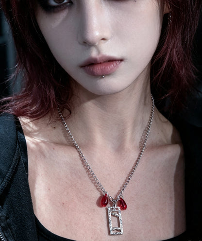 Handmade Guillotine Pendant and red drop Beads Necklace. Goth Teen Gift