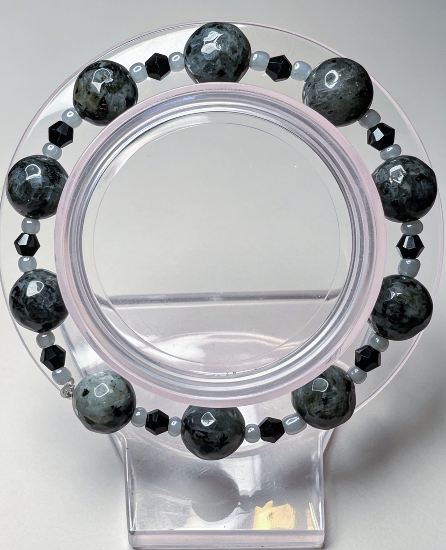 Handmade Beaded Bracelet in Natural Larvikitie Stone, Black Austrian Crystal and Grey Glass. Unisex Goth Accessory