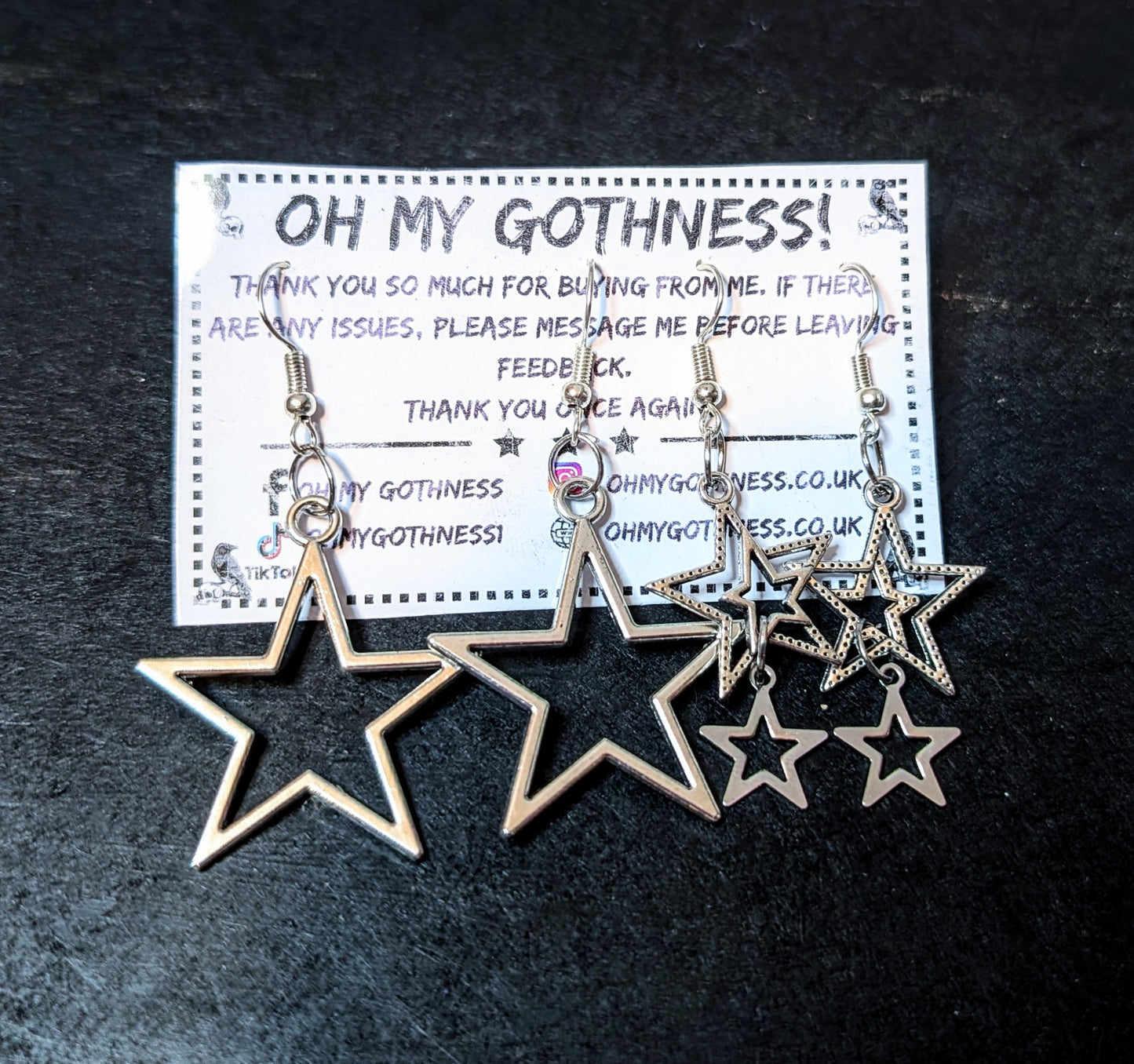 2 Pairs of Handmade Gothic Star Dangle Drop Earrings.