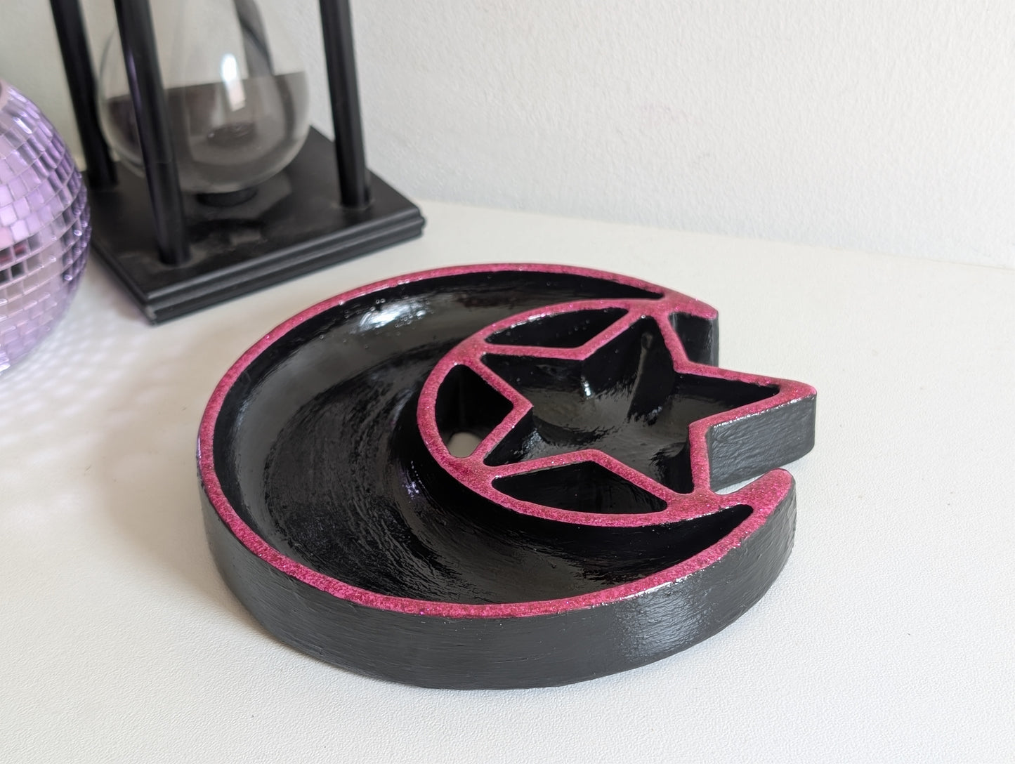 Hand cast moon and stars Jewellery Trinket Dish in black and glittery hot Pink. Gothic Home Decor Gift