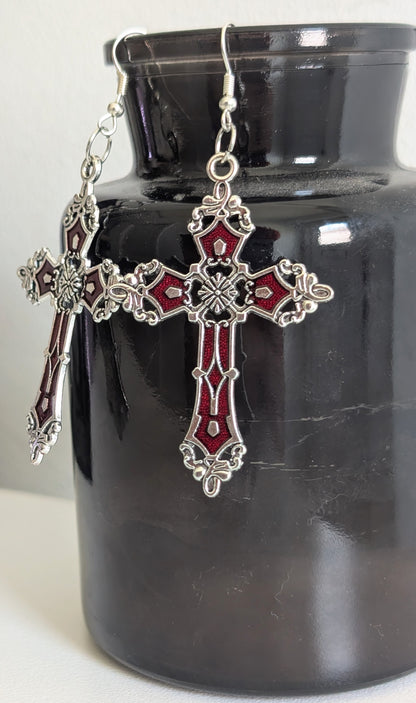 Hand-made red and silver large crucifix drop dangle earrings. Gothic Vampire Gift