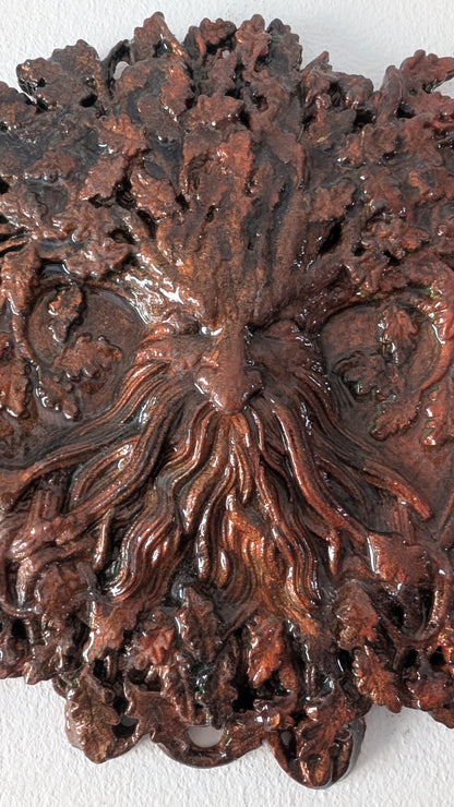 Handcast Green man wall hanging plaque in copper tones. Pagan Home Decor