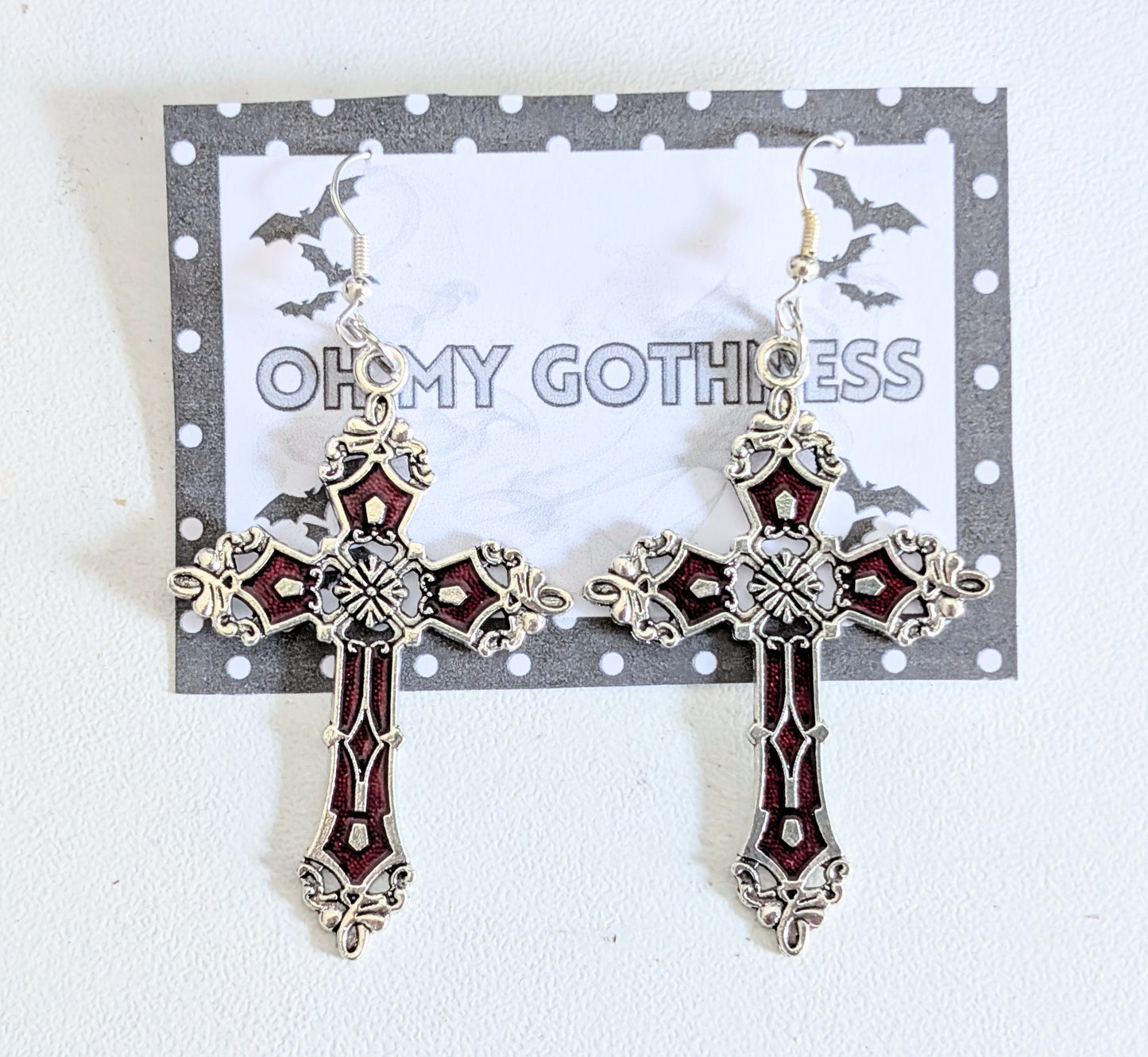 Hand-made red and silver large crucifix drop dangle earrings. Gothic Vampire Gift
