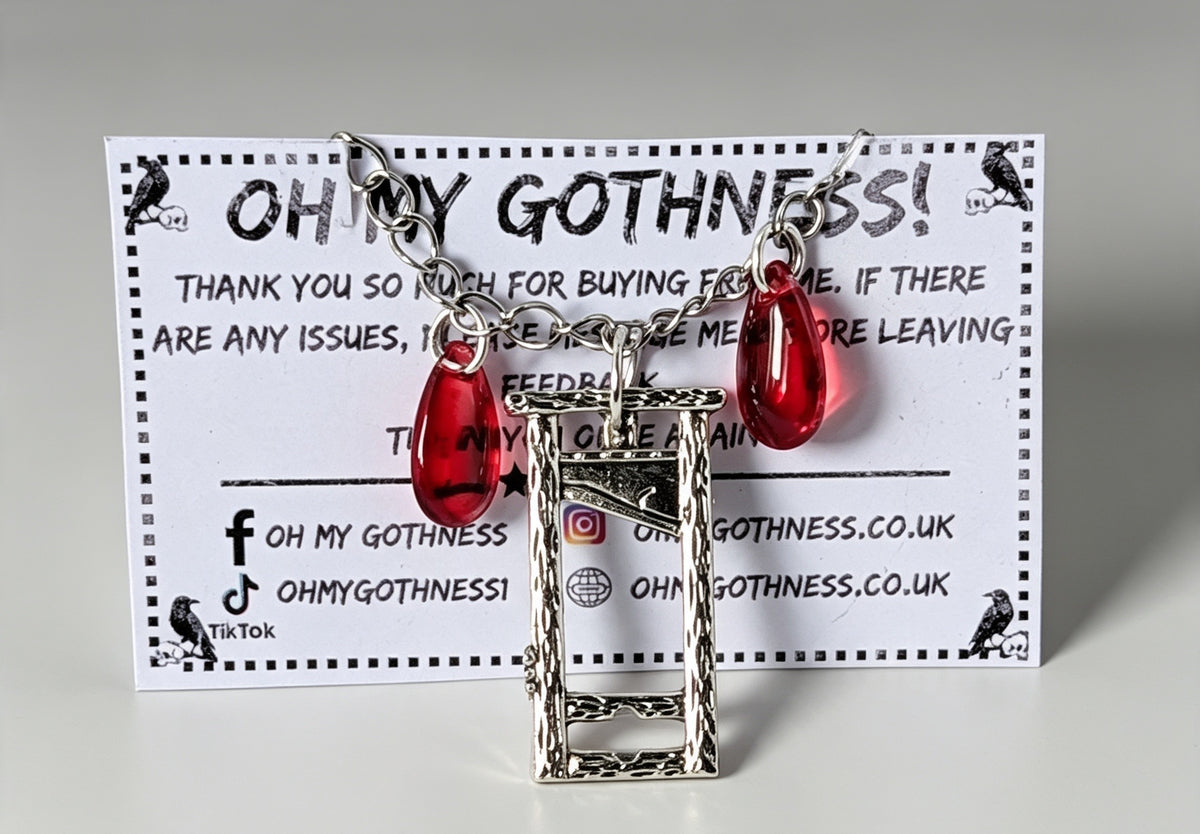 Handmade Guillotine Pendant and red drop Beads Necklace. Goth Teen Gift