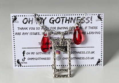 Handmade Guillotine Pendant and red drop Beads Necklace. Goth Teen Gift