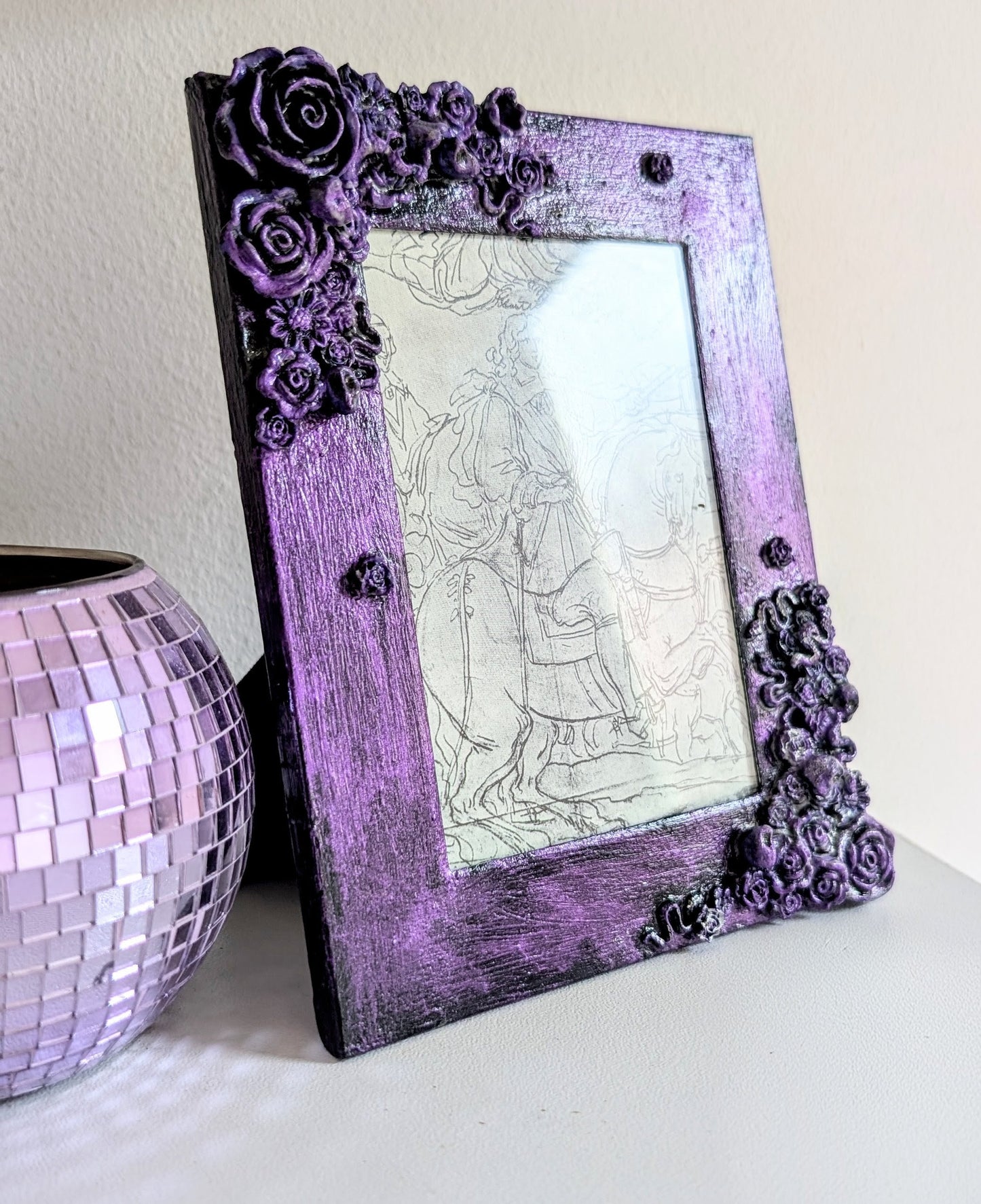 5 x 3.5" Portrait Picture Frame. Hand Painted metallic purple and Embellished With Roses, Skulls and Snakes. Gothic Home Decor Gift