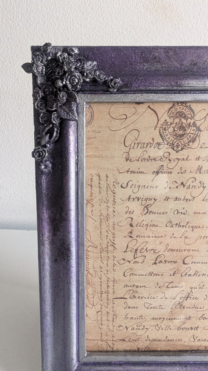 6 x 4" Picture Frame. Metallic Purple and Silver, with Roses, Spiders, Ribcage, and Foliage.