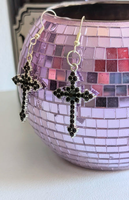 Handmade Black Diamante Cross Crucifix Dangle Drop Earrings. Goth Y2K Gift